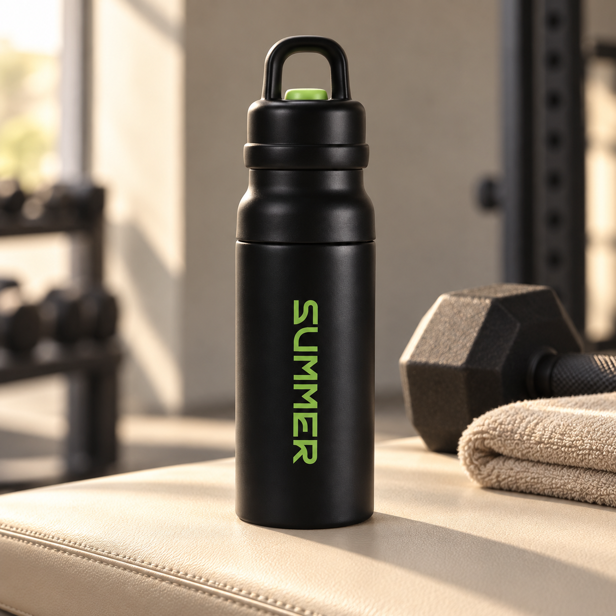 Black SUMMER water bottle with a carry-loop lid