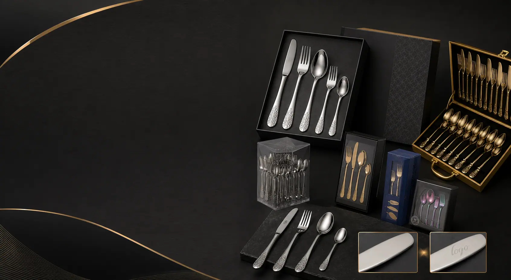 GEMEI black and gold customization studio with cutlery, packaging and logo marking